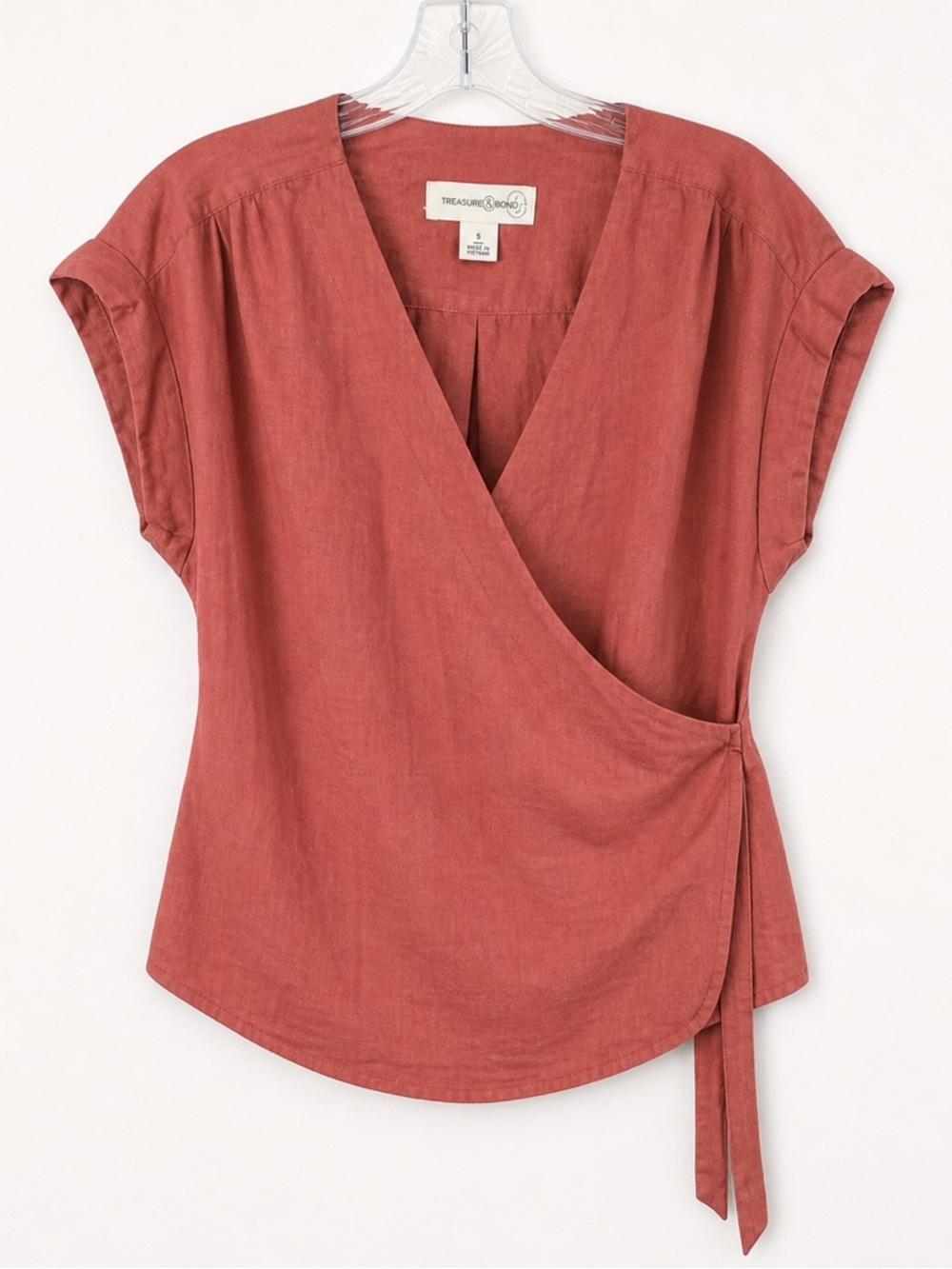 Treasure & Bond Linen Wrap Top Dusty Rose Short Sleeve Tie Waist Size S